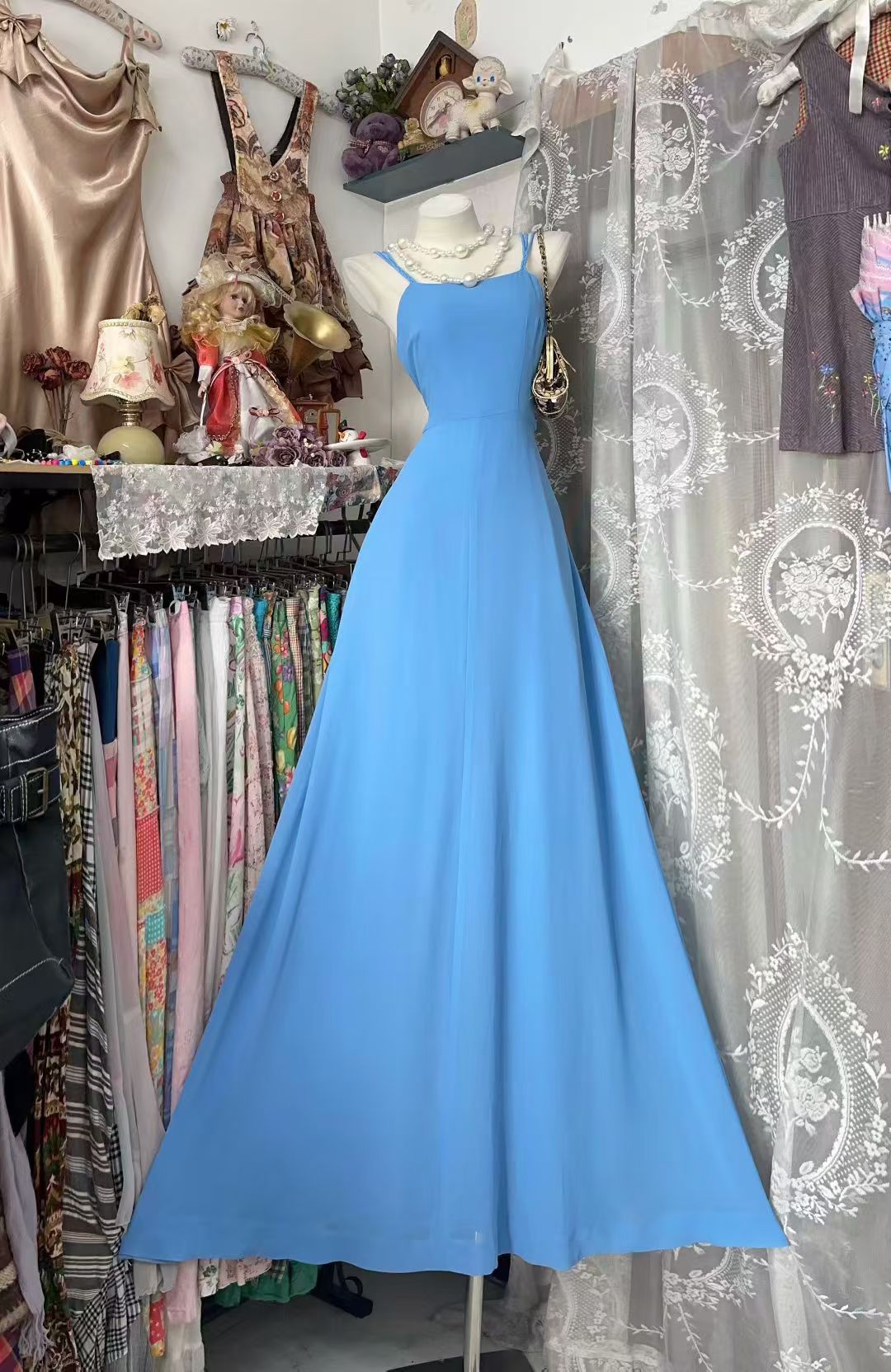 Spaghetti Strap A Line Blue Chiffon Prom Dress J10517
