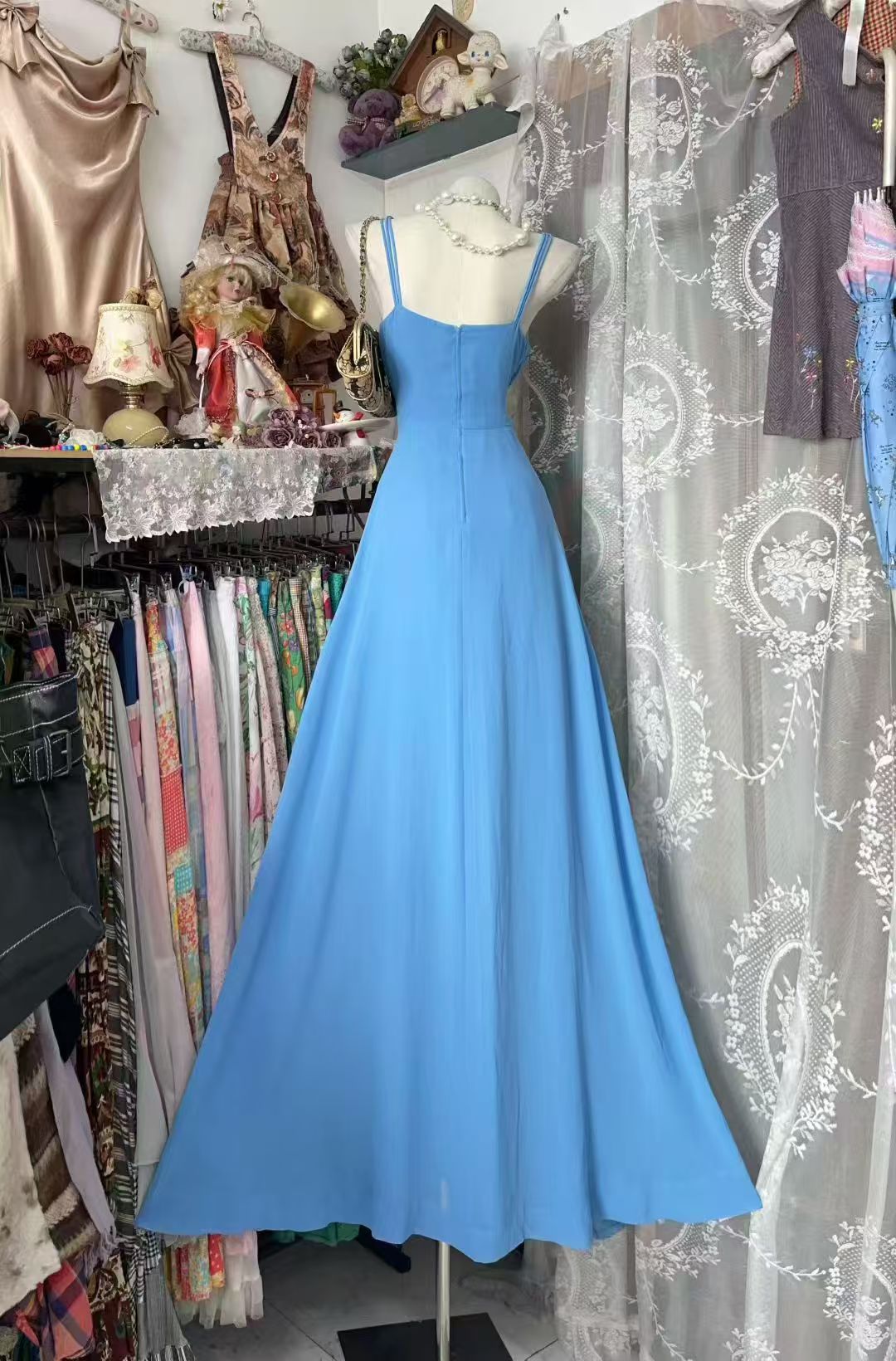 Spaghetti Strap A Line Blue Chiffon Prom Dress J10517