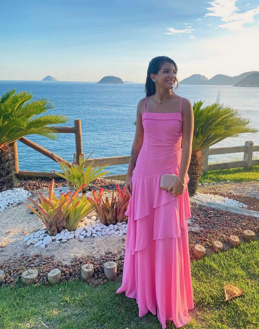 Spaghetti Strap A Line Pink Ruffled Formal Wedding Guest Dress J10048