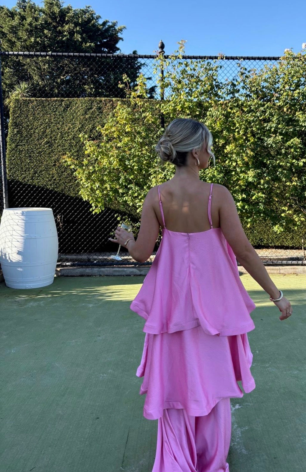 Spaghetti Strap A-Line Pink Satin Layered Wedding Guest Dress