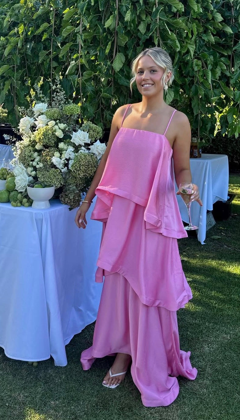 Spaghetti Strap A-Line Pink Satin Layered Wedding Guest Dress