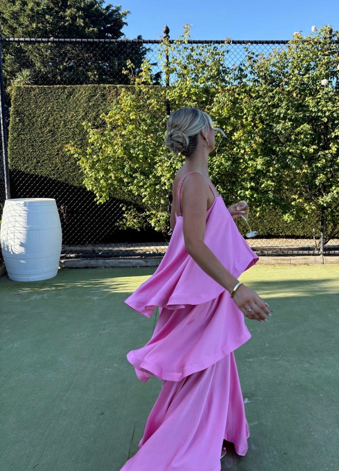 Spaghetti Strap A-Line Pink Satin Layered Wedding Guest Dress