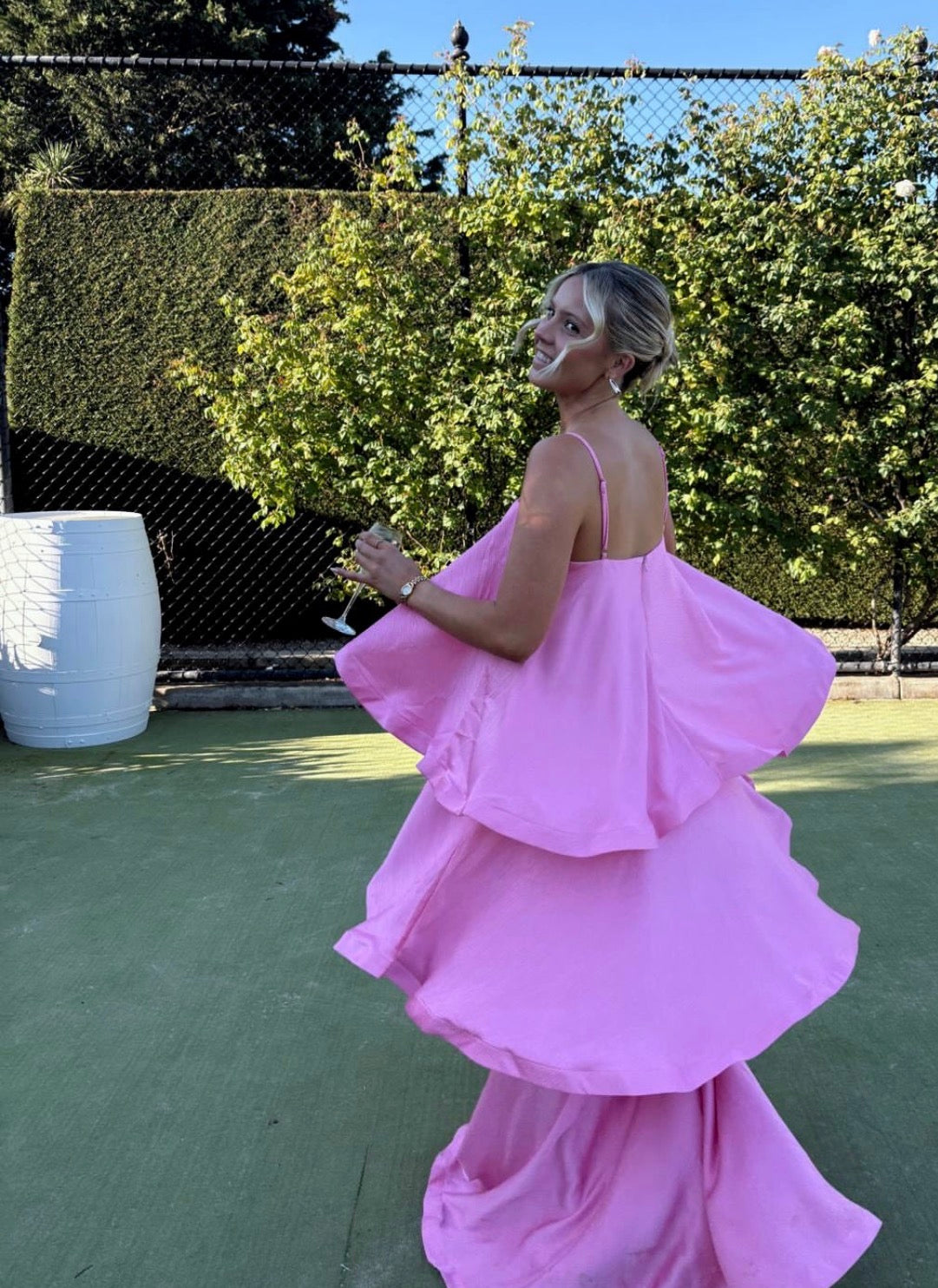 Spaghetti Strap A-Line Pink Satin Layered Wedding Guest Dress