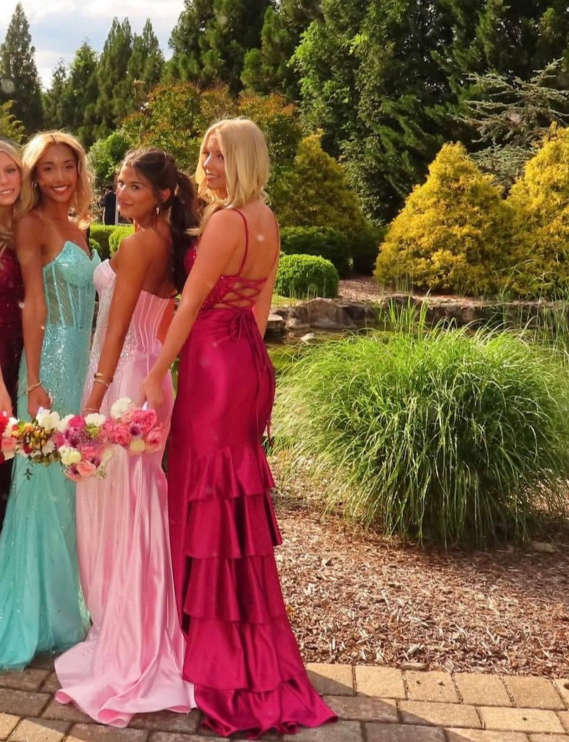 Spaghetti Strap Applique Burgundy Satin Prom Dress With Slit