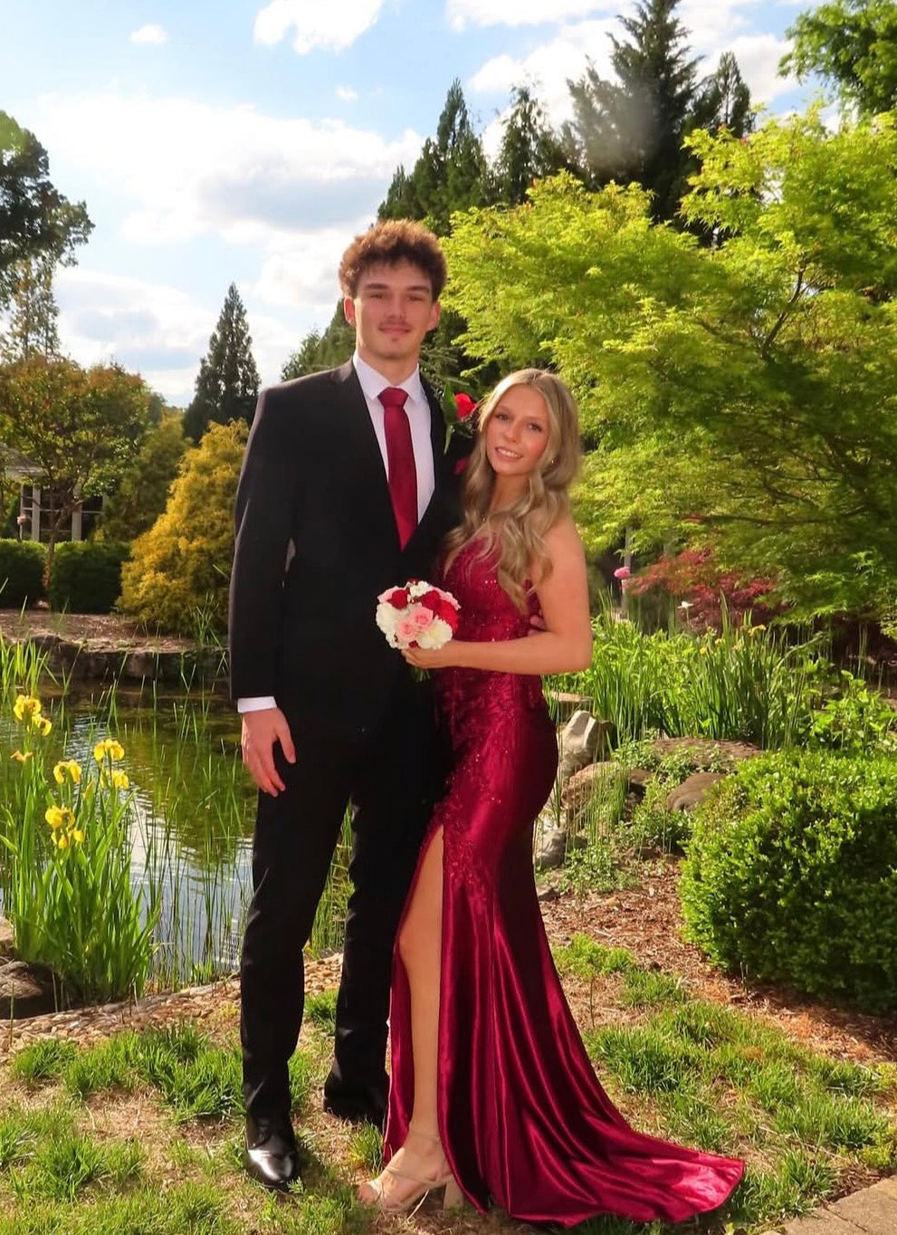 Spaghetti Strap Applique Burgundy Satin Prom Dress With Slit