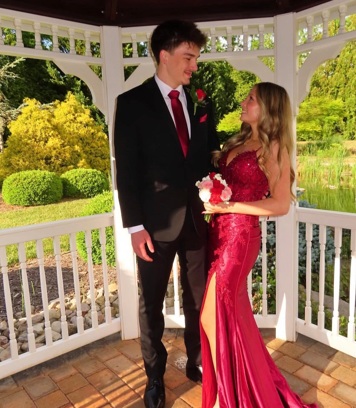 Spaghetti Strap Applique Burgundy Satin Prom Dress With Slit