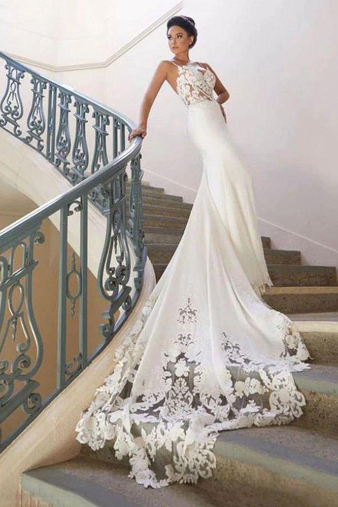 Spaghetti Strap Backless Applique Fitted Mermaid Wedding Dresses (ZD15999)