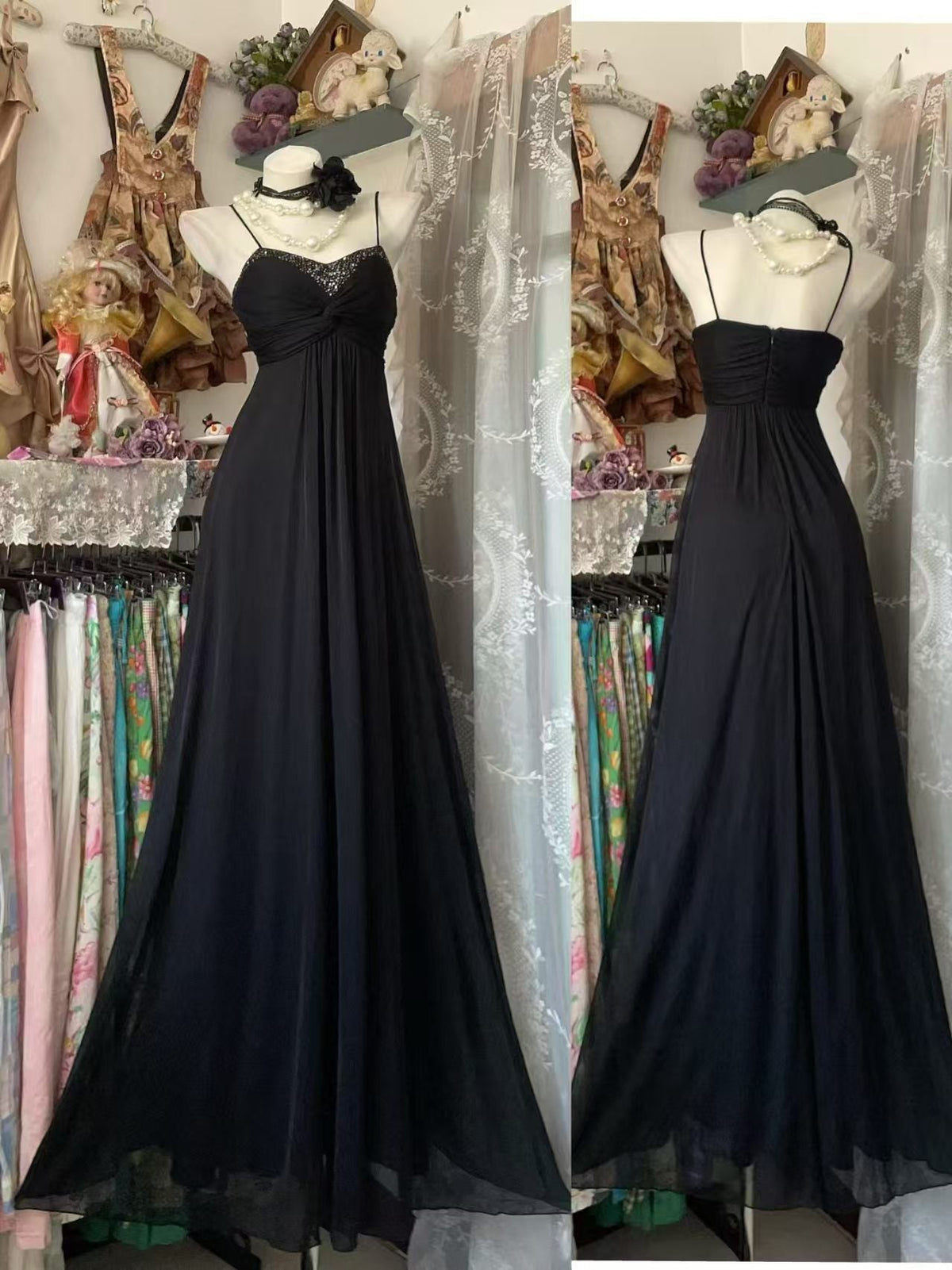 Spaghetti Strap Black Chiffon Prom Dress A-Line Formal Evening Gown