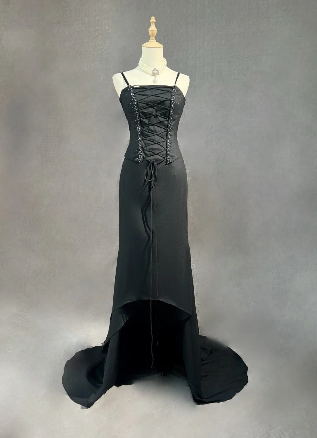 Spaghetti Strap Black Retro Prom Dress Satin Evening Dress