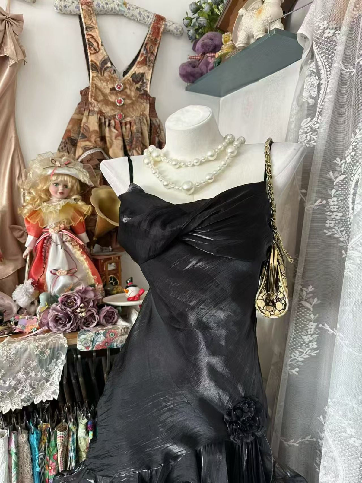 Spaghetti Strap Black Ruffled Prom Dress Sheath Party Dress