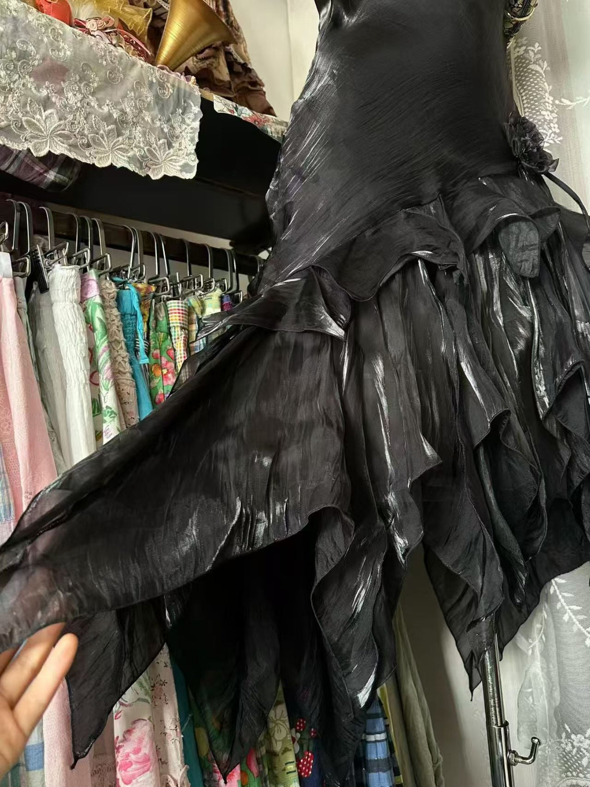 Spaghetti Strap Black Ruffled Prom Dress Sheath Party Dress