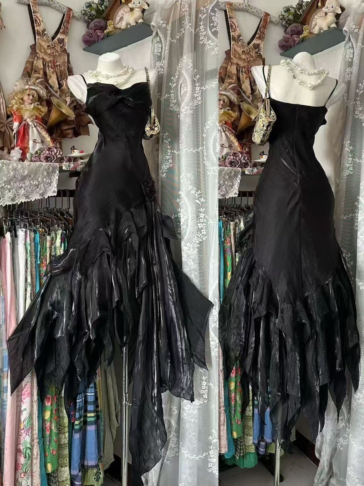 Spaghetti Strap Black Ruffled Prom Dress Sheath Party Dress