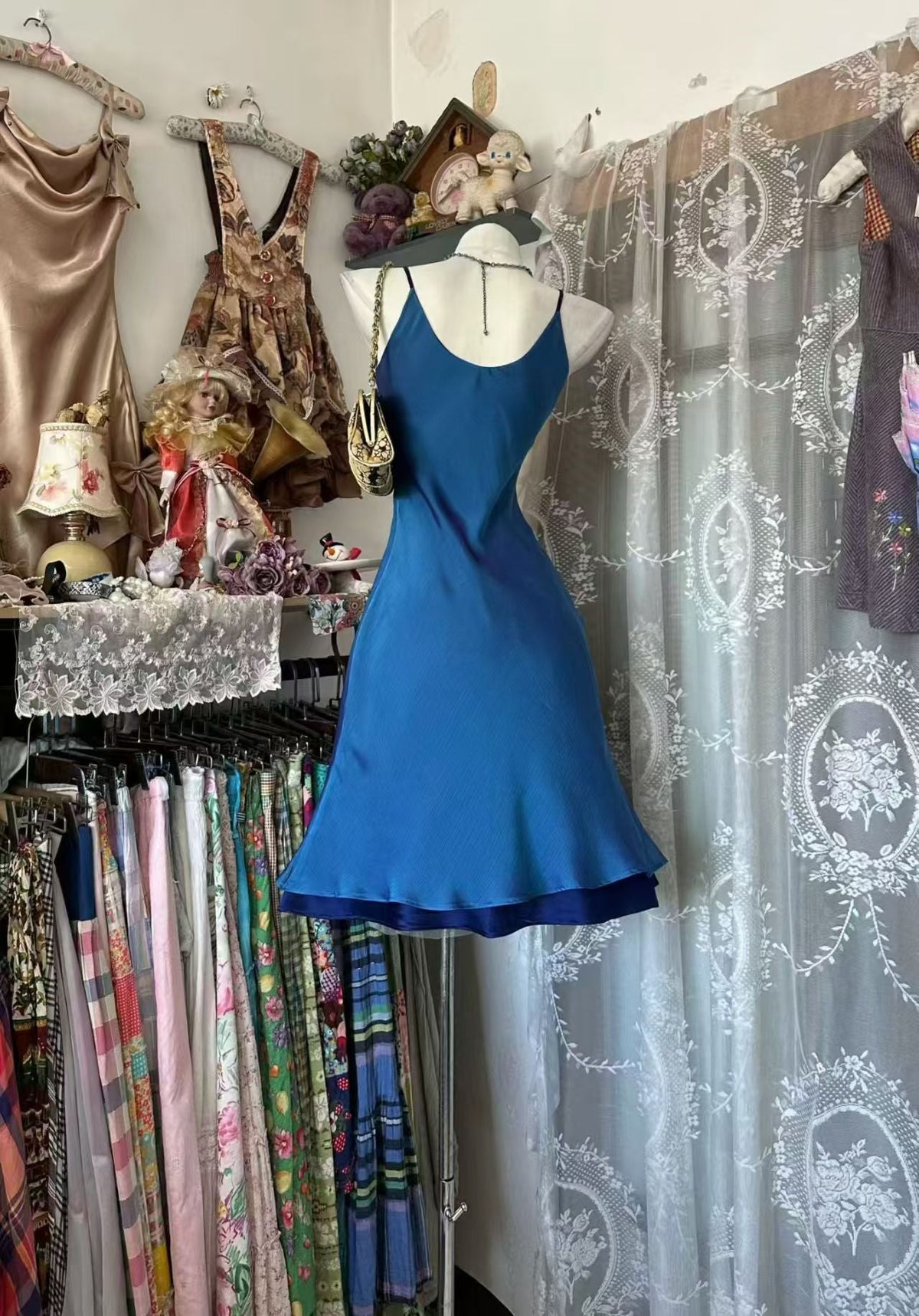 Spaghetti Strap Blue Satin Date Night Outfit J10558