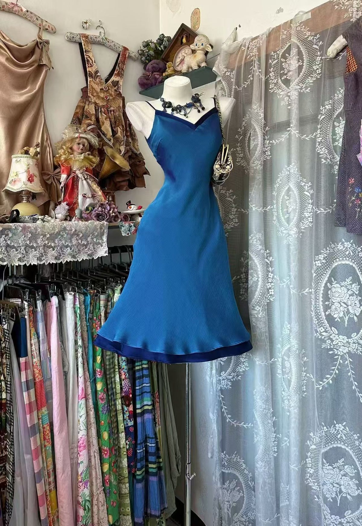 Spaghetti Strap Blue Satin Date Night Outfit J10558