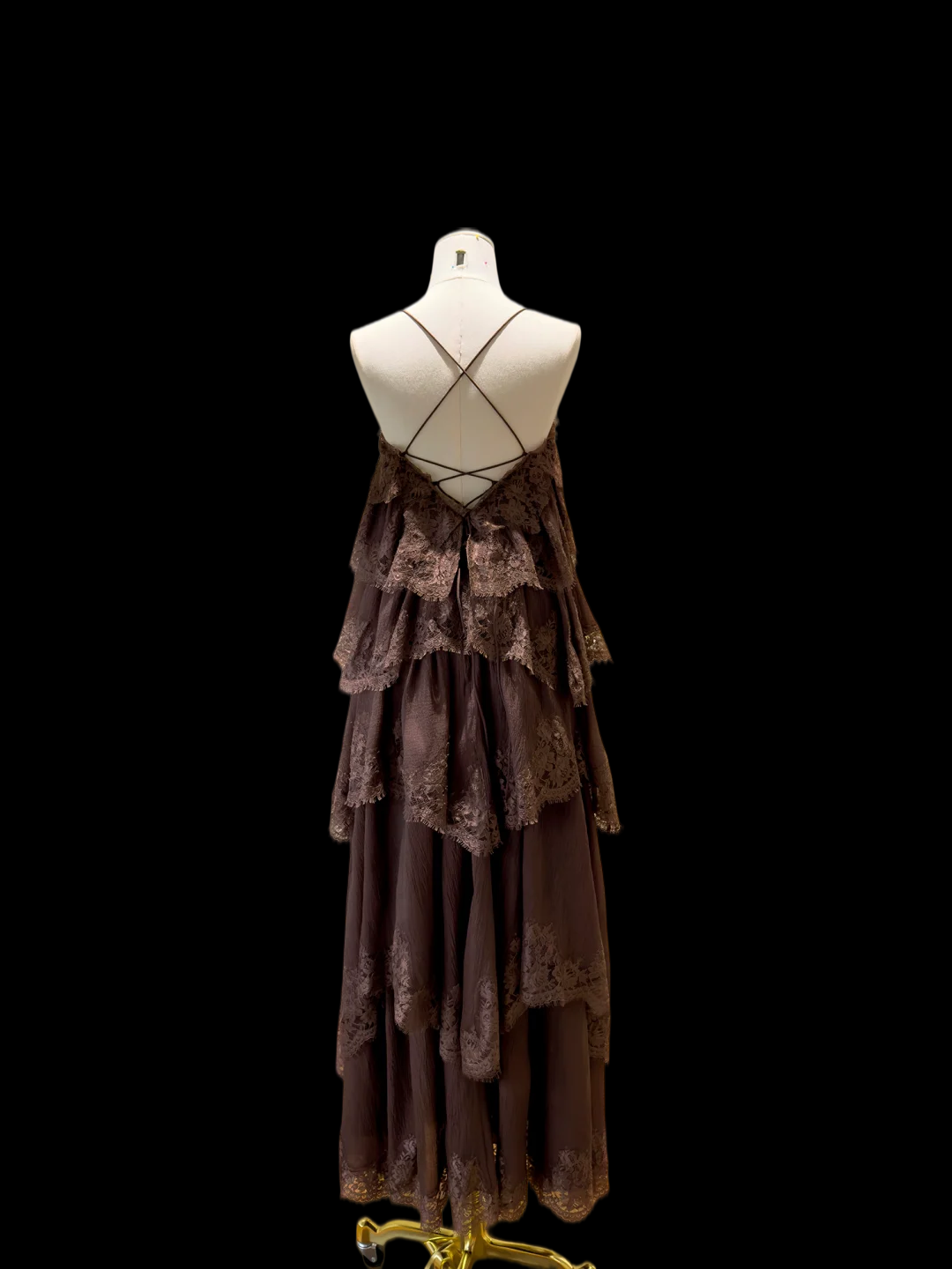 Spaghetti Strap Brown Chiffon Wedding Guest Dress Layered Lace Formal Dress J9901