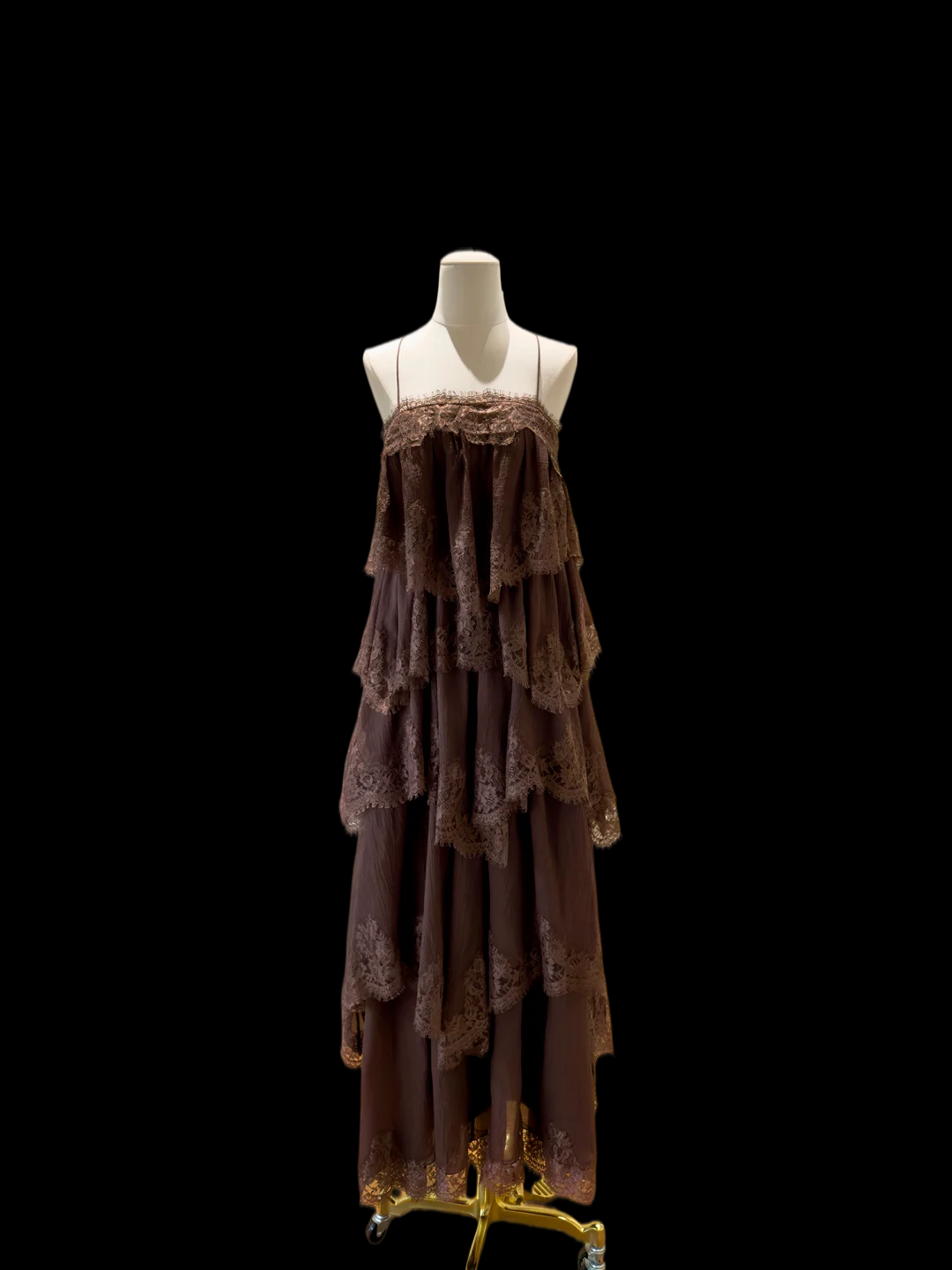 Spaghetti Strap Brown Chiffon Wedding Guest Dress Layered Lace Formal Dress J9901
