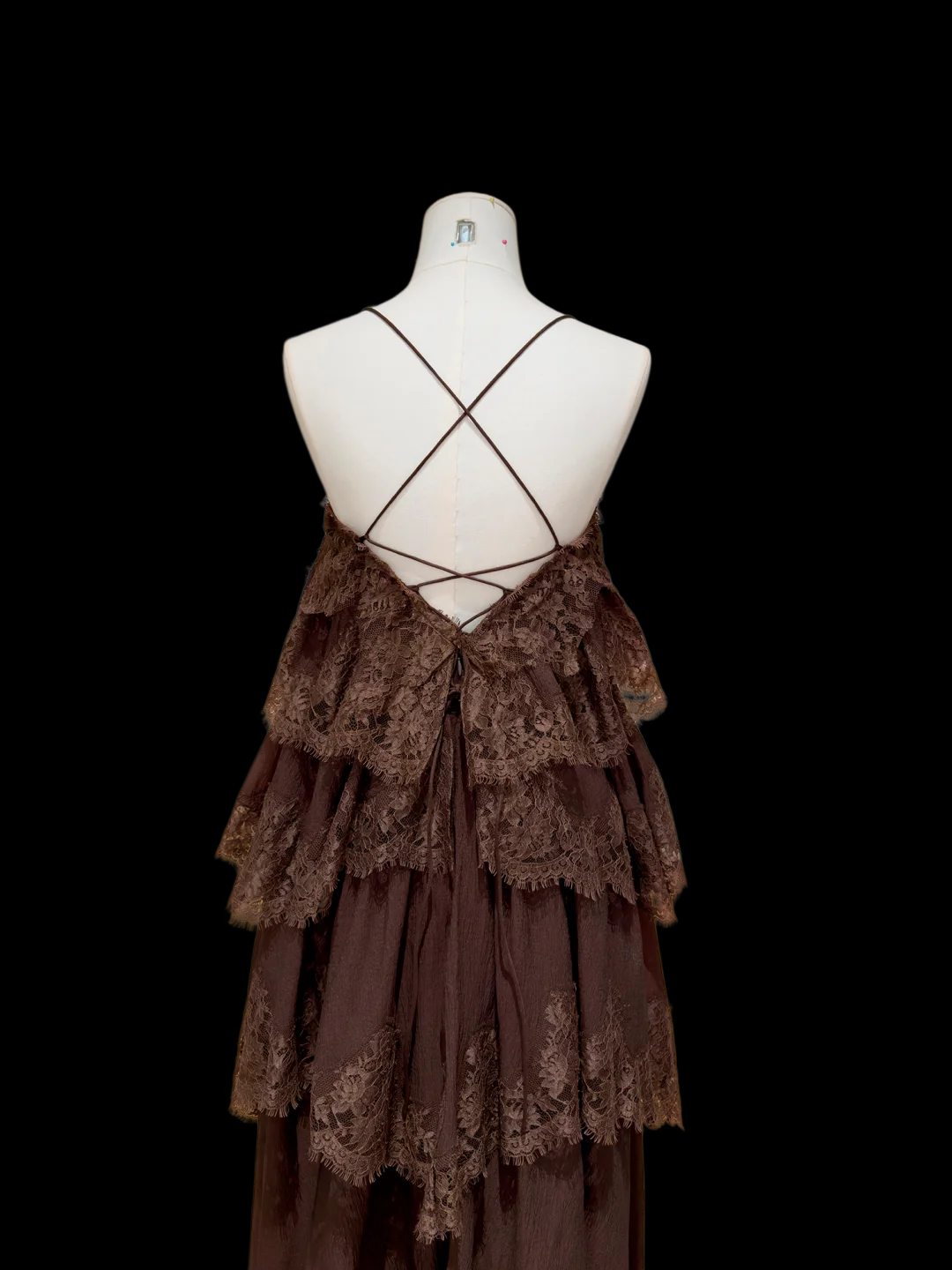Spaghetti Strap Brown Chiffon Wedding Guest Dress Layered Lace Formal Dress J9901