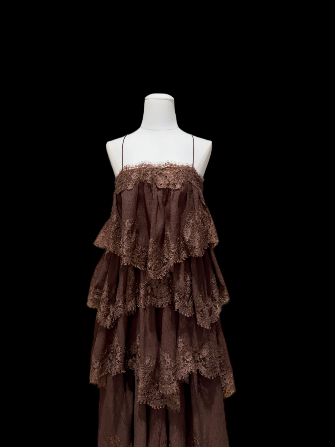 Spaghetti Strap Brown Chiffon Wedding Guest Dress Layered Lace Formal Dress J9901