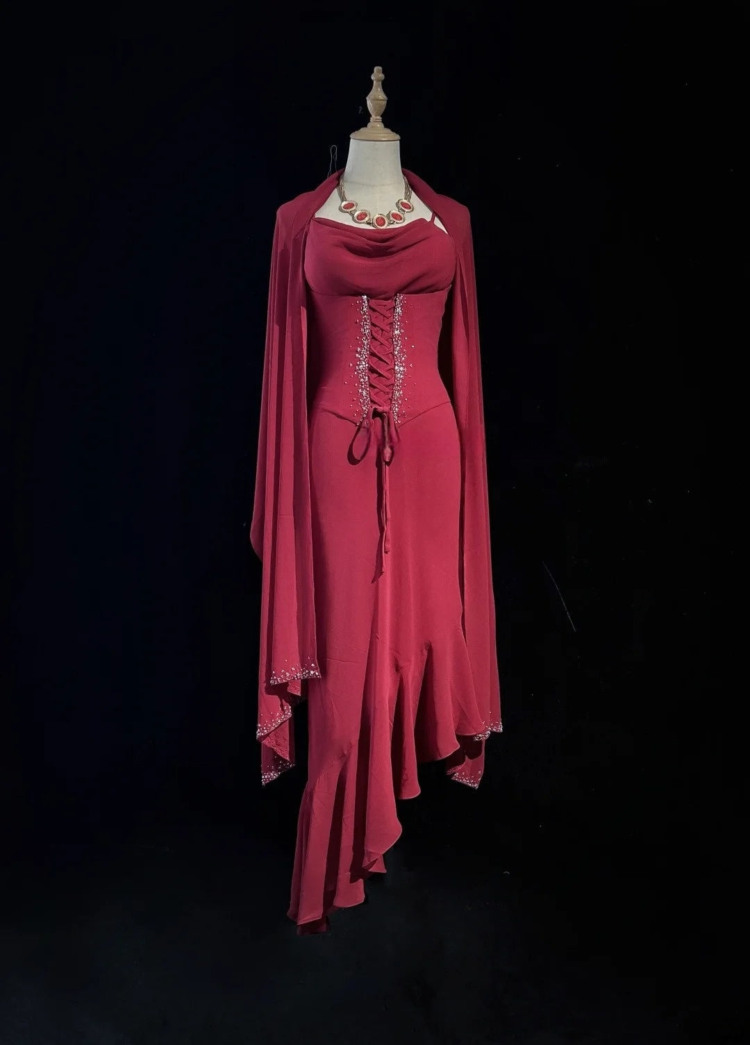 Spaghetti Strap Burgundy Chiffon Prom Dress Beaded Evening Gown
