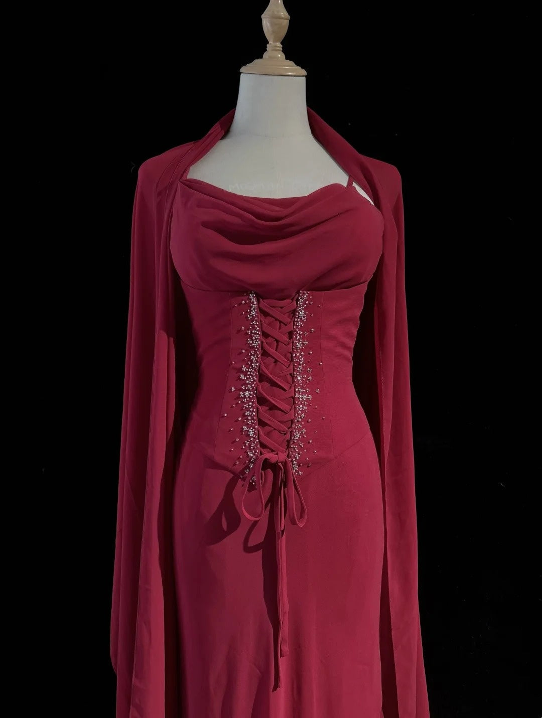 Spaghetti Strap Burgundy Chiffon Prom Dress Beaded Evening Gown