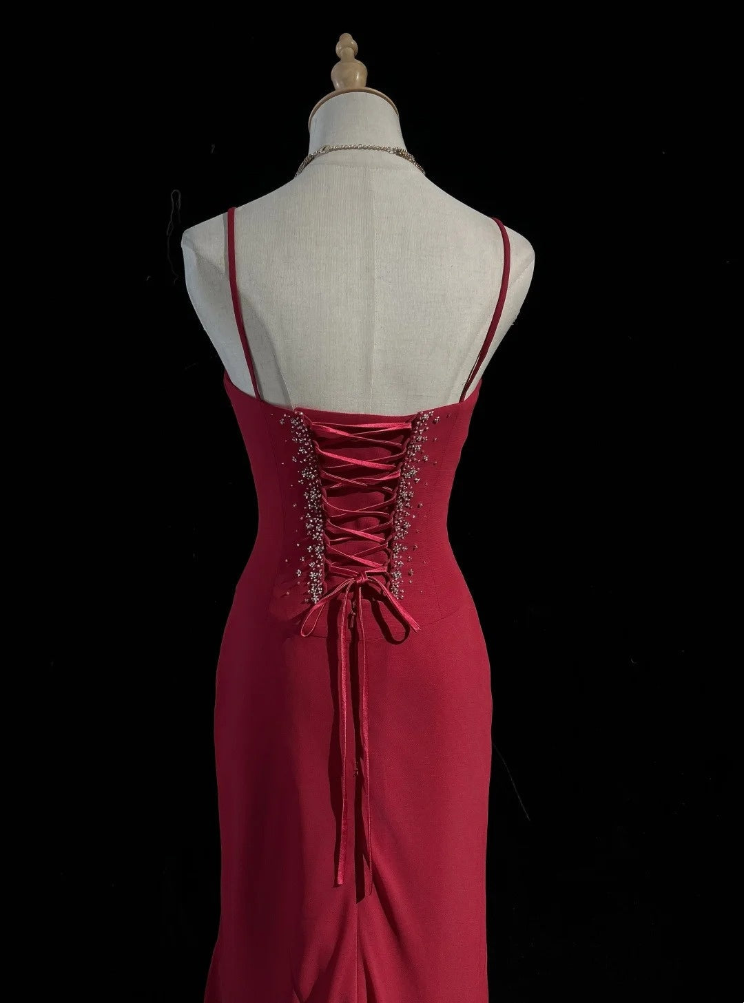 Spaghetti Strap Burgundy Chiffon Prom Dress Beaded Evening Gown