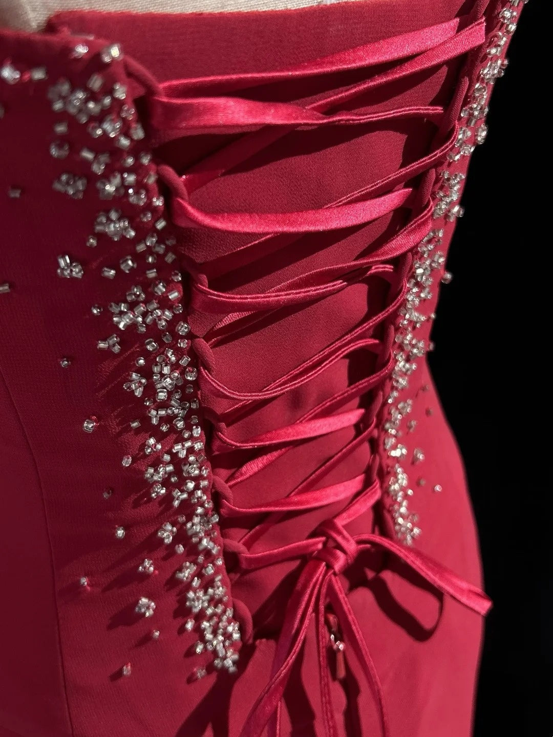 Spaghetti Strap Burgundy Chiffon Prom Dress Beaded Evening Gown