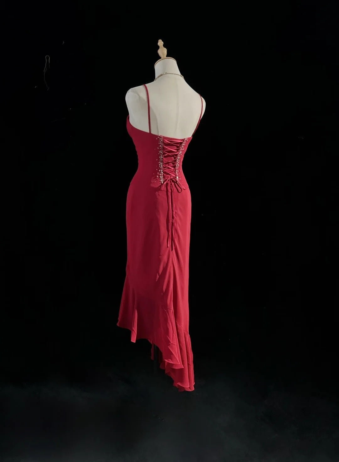Spaghetti Strap Burgundy Chiffon Prom Dress Beaded Evening Gown