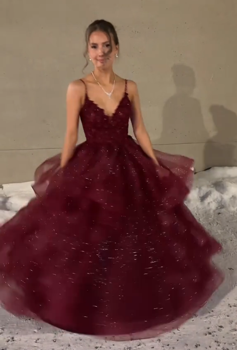 Spaghetti Strap Burgundy Tulle Prom Dress A Line Formal Evening Gown J10430