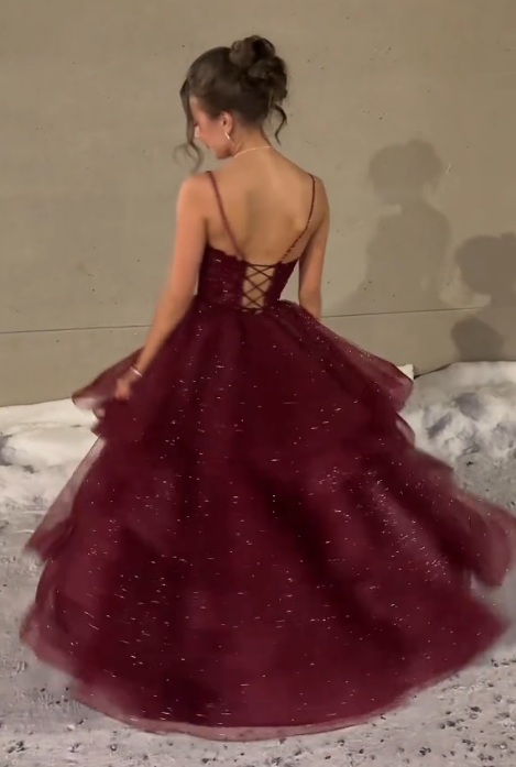 Spaghetti Strap Burgundy Tulle Prom Dress A Line Formal Evening Gown J10430