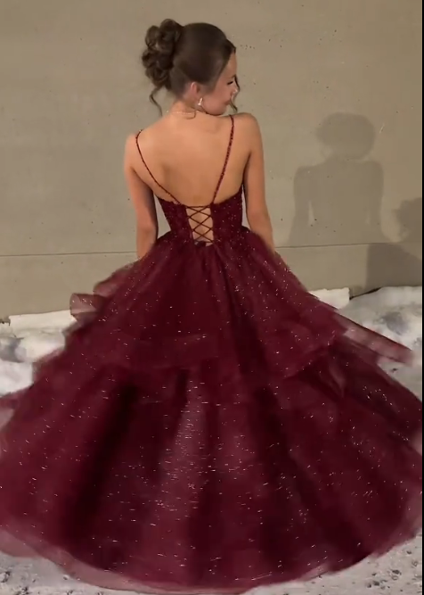 Spaghetti Strap Burgundy Tulle Prom Dress A Line Formal Evening Gown J10430
