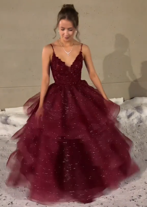 Spaghetti Strap Burgundy Tulle Prom Dress A Line Formal Evening Gown J10430