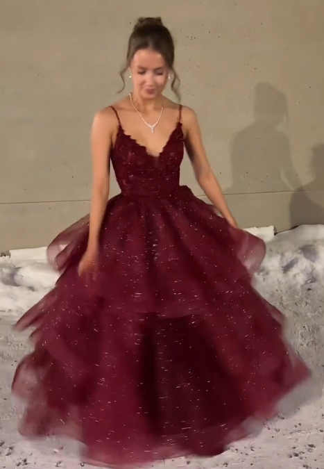 Spaghetti Strap Burgundy Tulle Prom Dress A Line Formal Evening Gown J10430