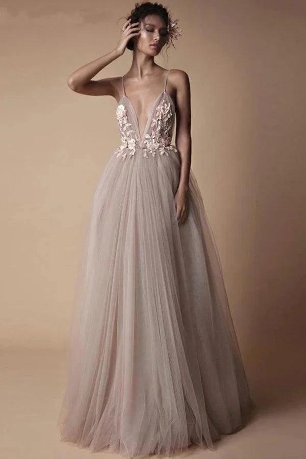 Spaghetti Strap Deep V Neck Beach Wedding Dresses With Applique (ZD16303)