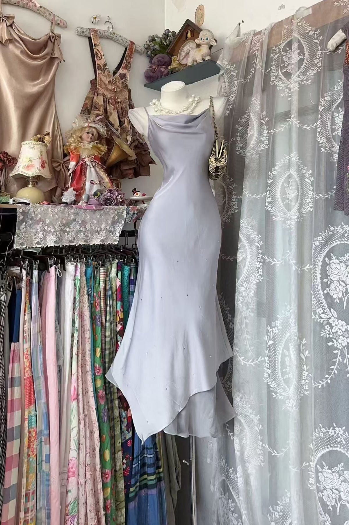 Spaghetti Strap Gray Mermaid Satin Evening Dress J10542