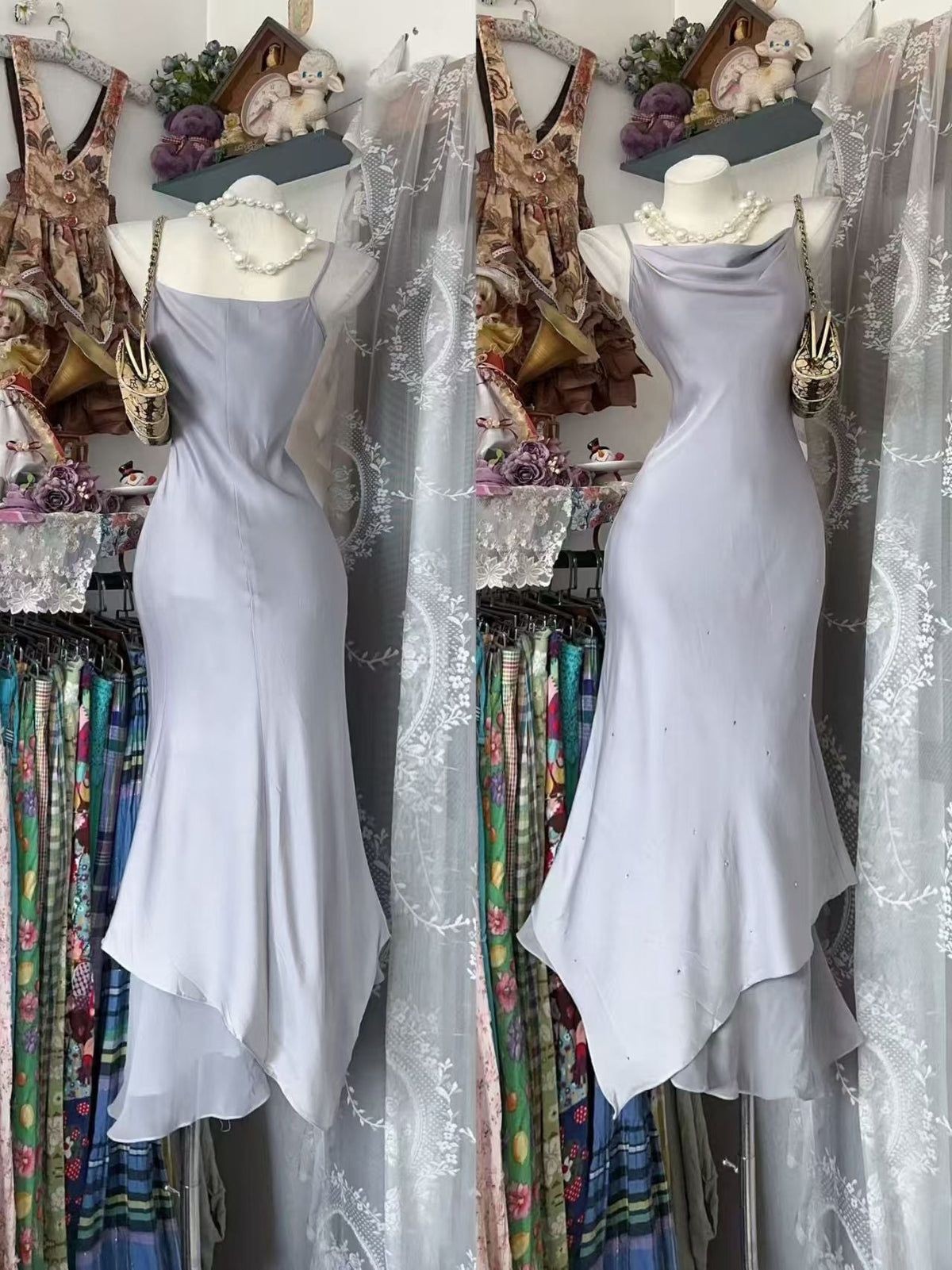 Spaghetti Strap Gray Mermaid Satin Evening Dress J10542