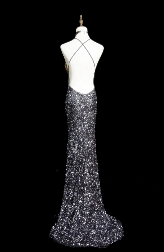 Spaghetti Strap Gray Sequin Prom Dress Mermaid Backless Evening Dress J10500
