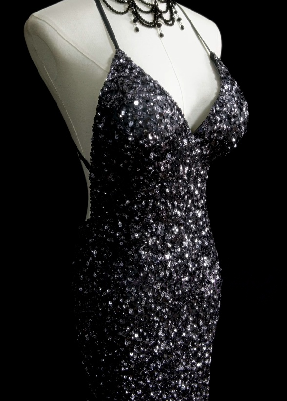 Spaghetti Strap Gray Sequin Prom Dress Mermaid Backless Evening Dress J10500