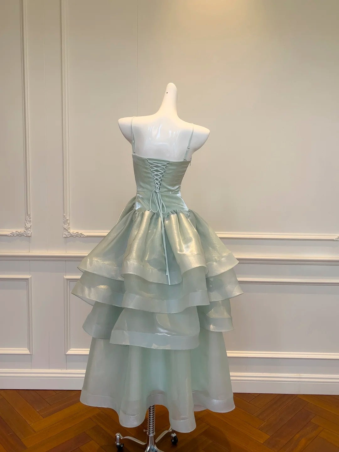 Spaghetti Strap Green Layered Prom Dress A Line Birthday Dress J10279