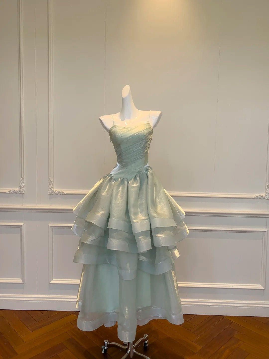 Spaghetti Strap Green Layered Prom Dress A Line Birthday Dress J10279