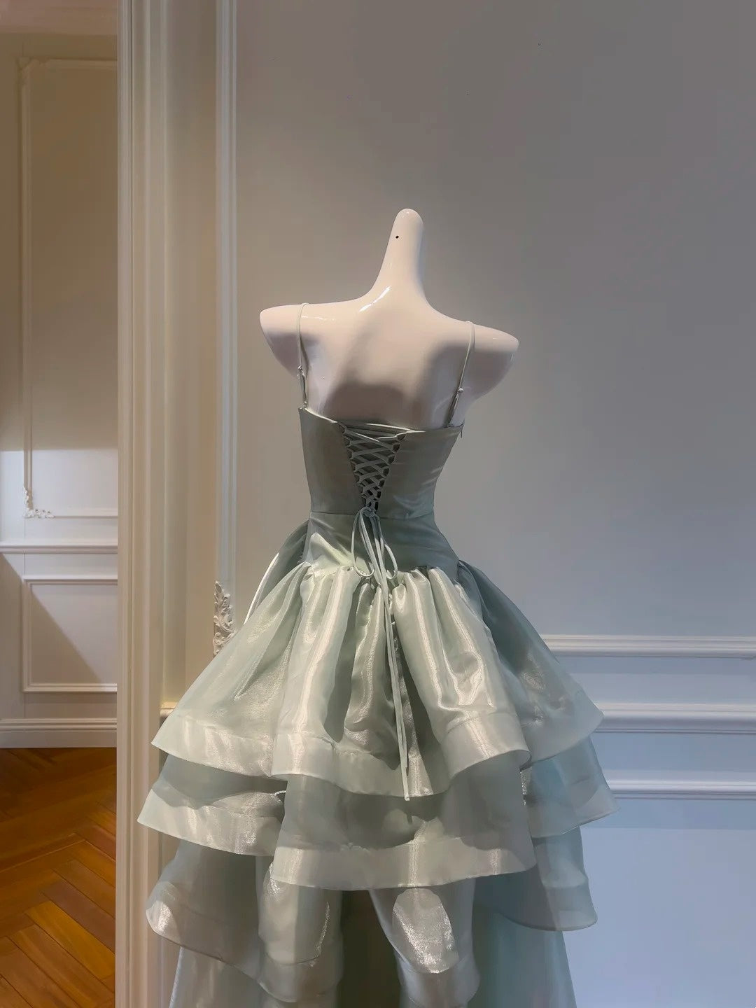 Spaghetti Strap Green Layered Prom Dress A Line Birthday Dress J10279