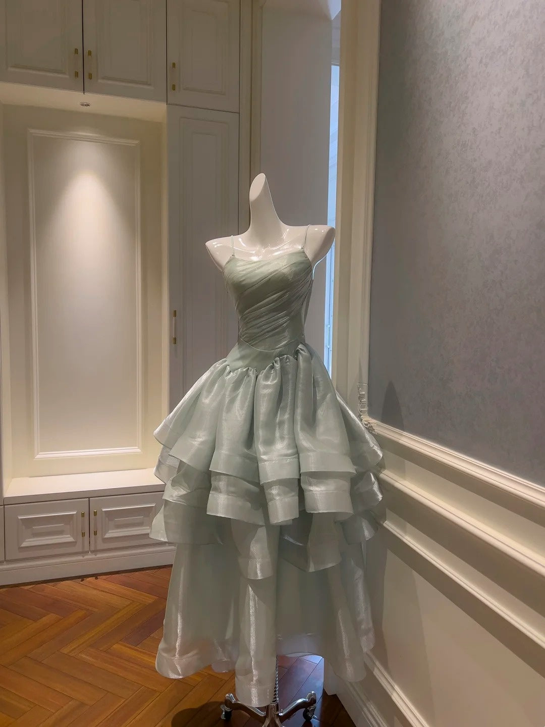 Spaghetti Strap Green Layered Prom Dress A Line Birthday Dress J10279