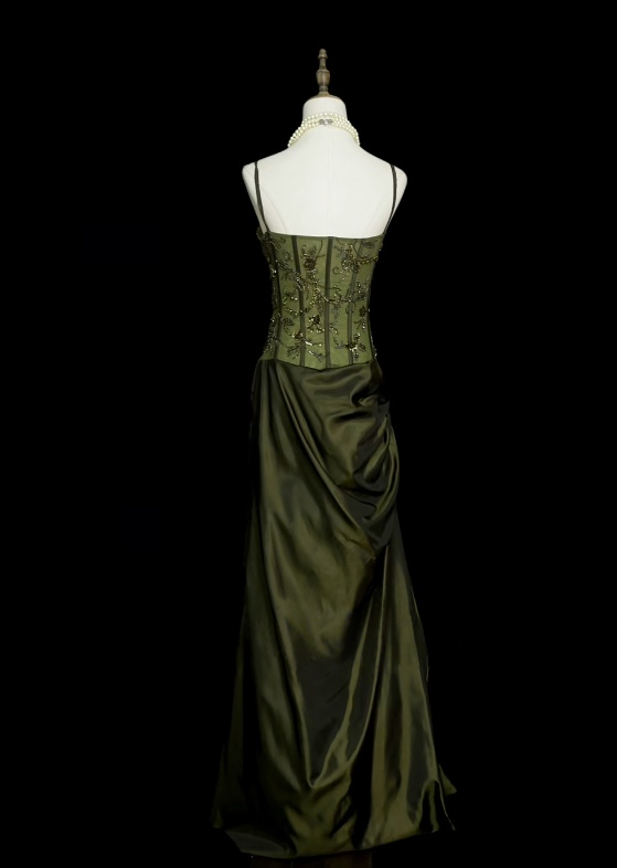 Spaghetti Strap Green Satin Prom Dress Retro Beaded Evening Dress J10501