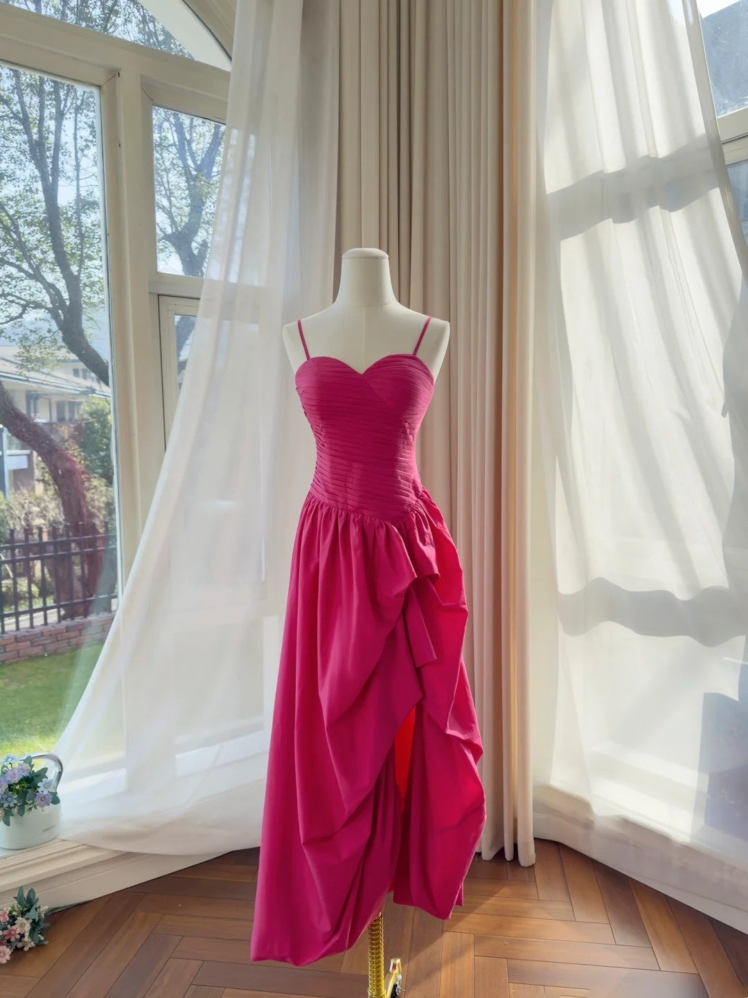 Spaghetti Strap Hot Pink A Line Prom Dress Birthday Dress J10283