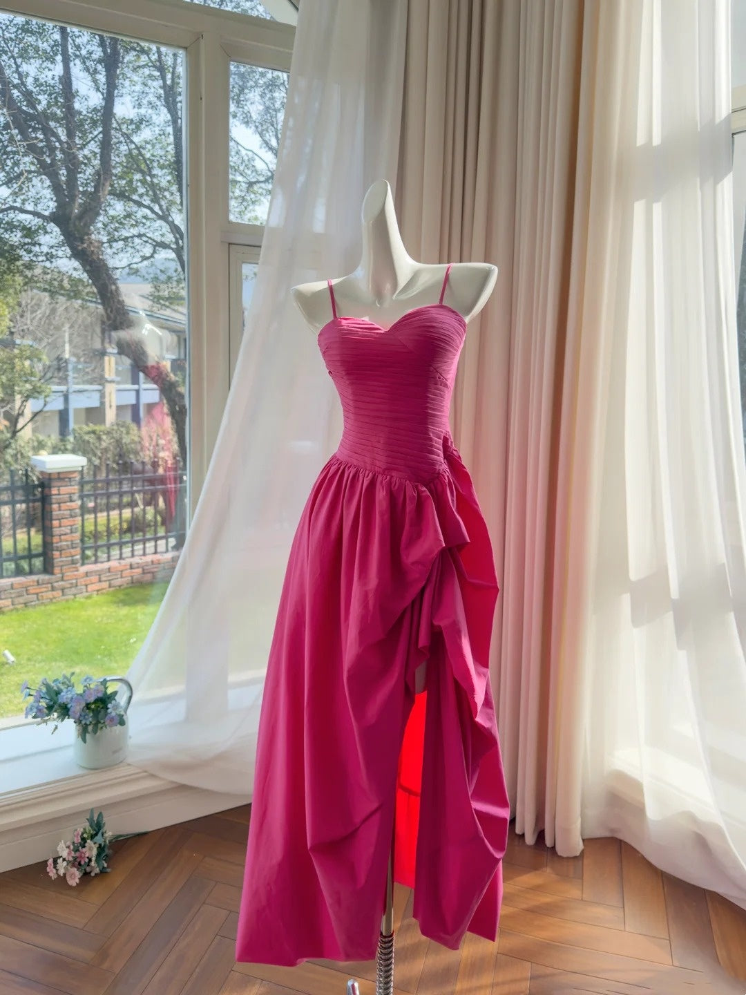Spaghetti Strap Hot Pink A Line Prom Dress Birthday Dress J10283