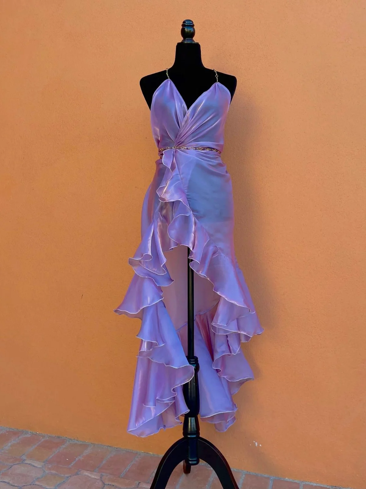 Spaghetti Strap Lilac Ruffled Homecoming Dress J10486