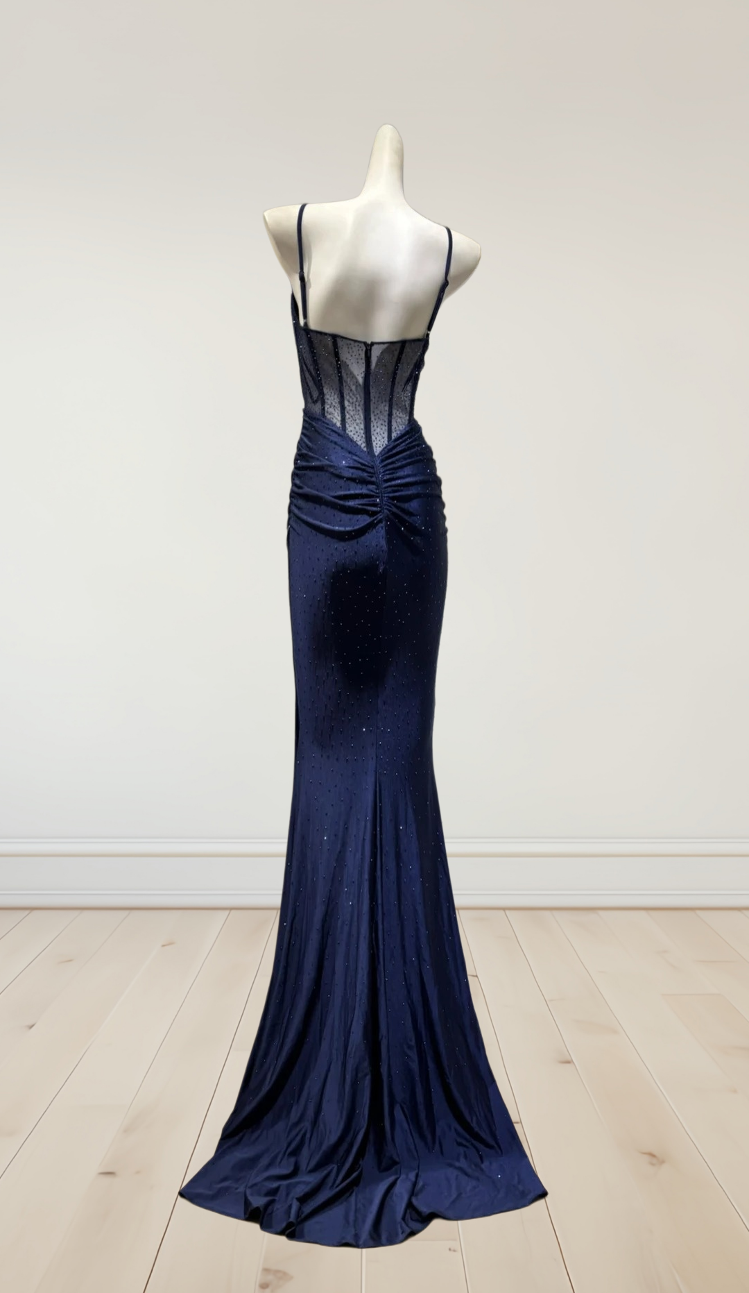 Spaghetti Strap Navy Blue Mermaid Prom Dress Satin Evening Dress J10332