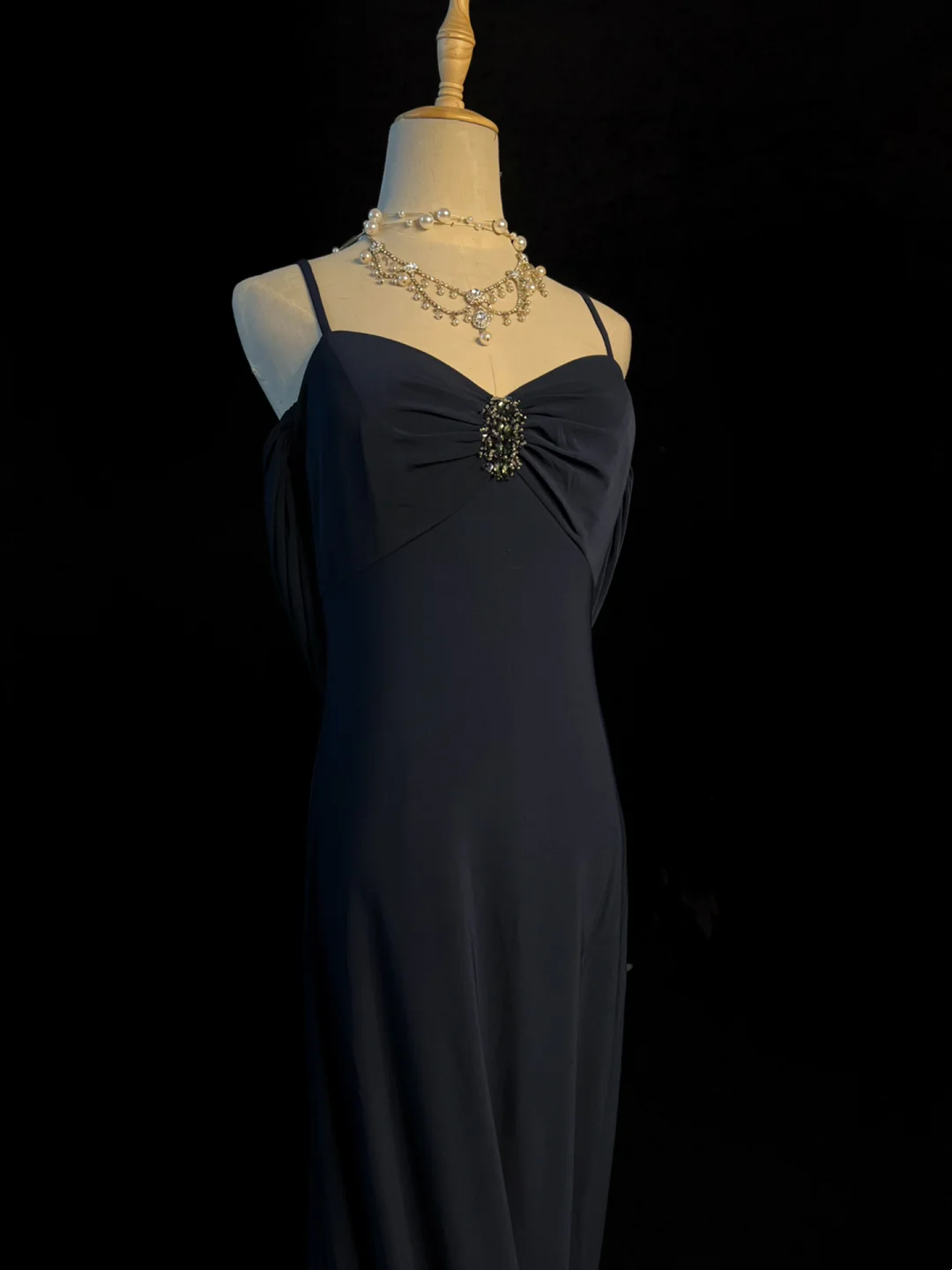 Spaghetti Strap Navy Blue Retro Formal Prom Dress J10162