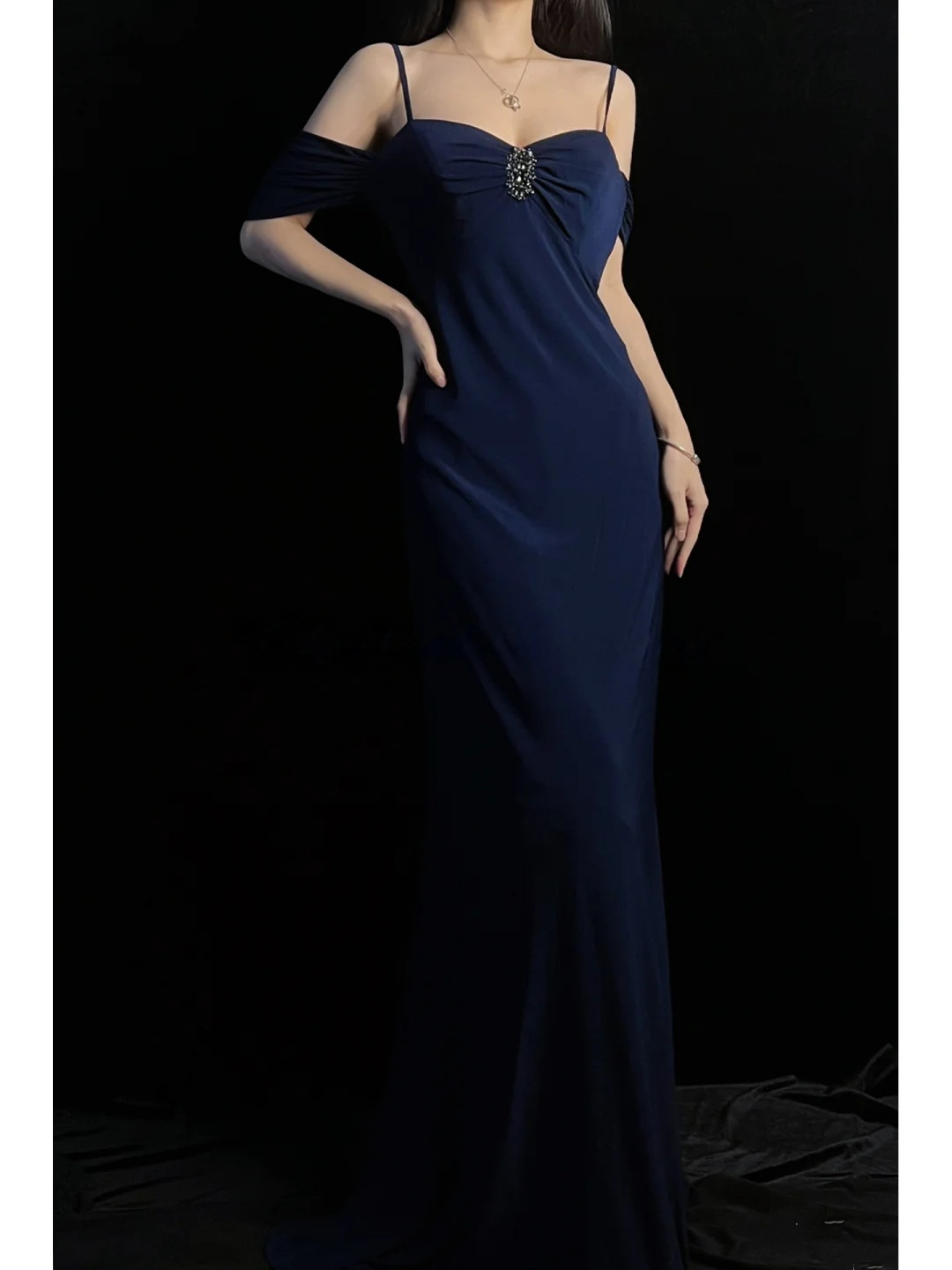 Spaghetti Strap Navy Blue Retro Formal Prom Dress J10162