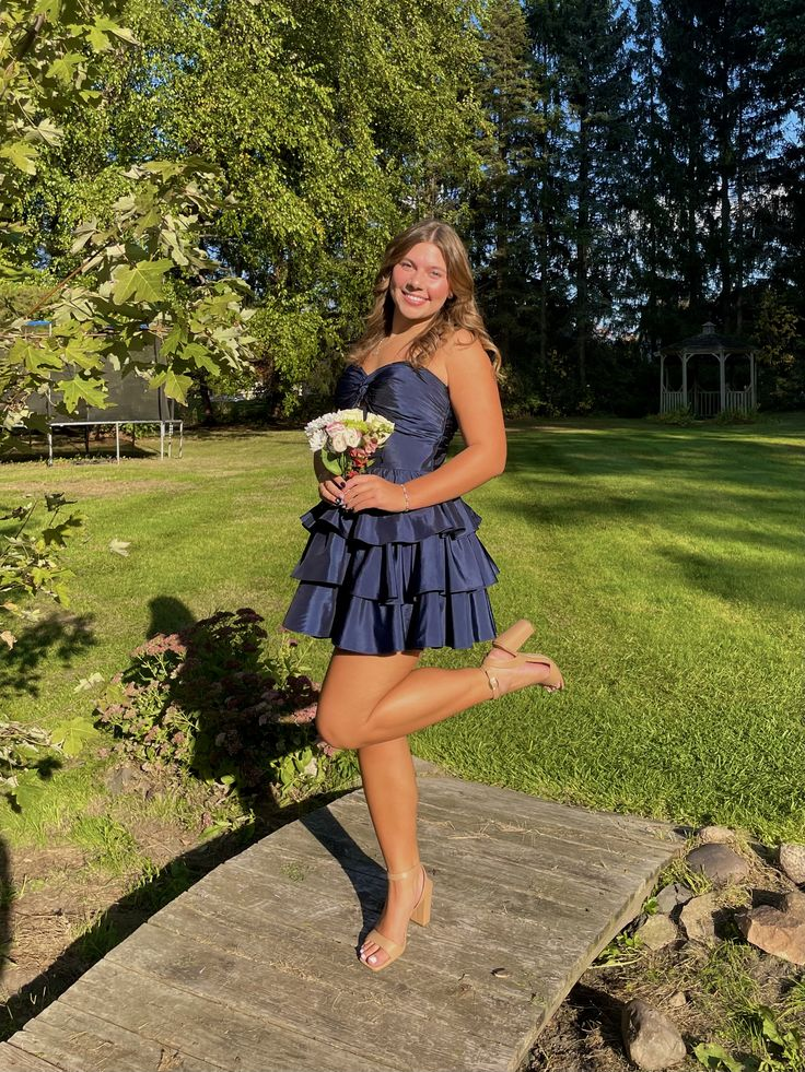 Spaghetti Strap Navy Blue Satin Homecoming Dress J10480