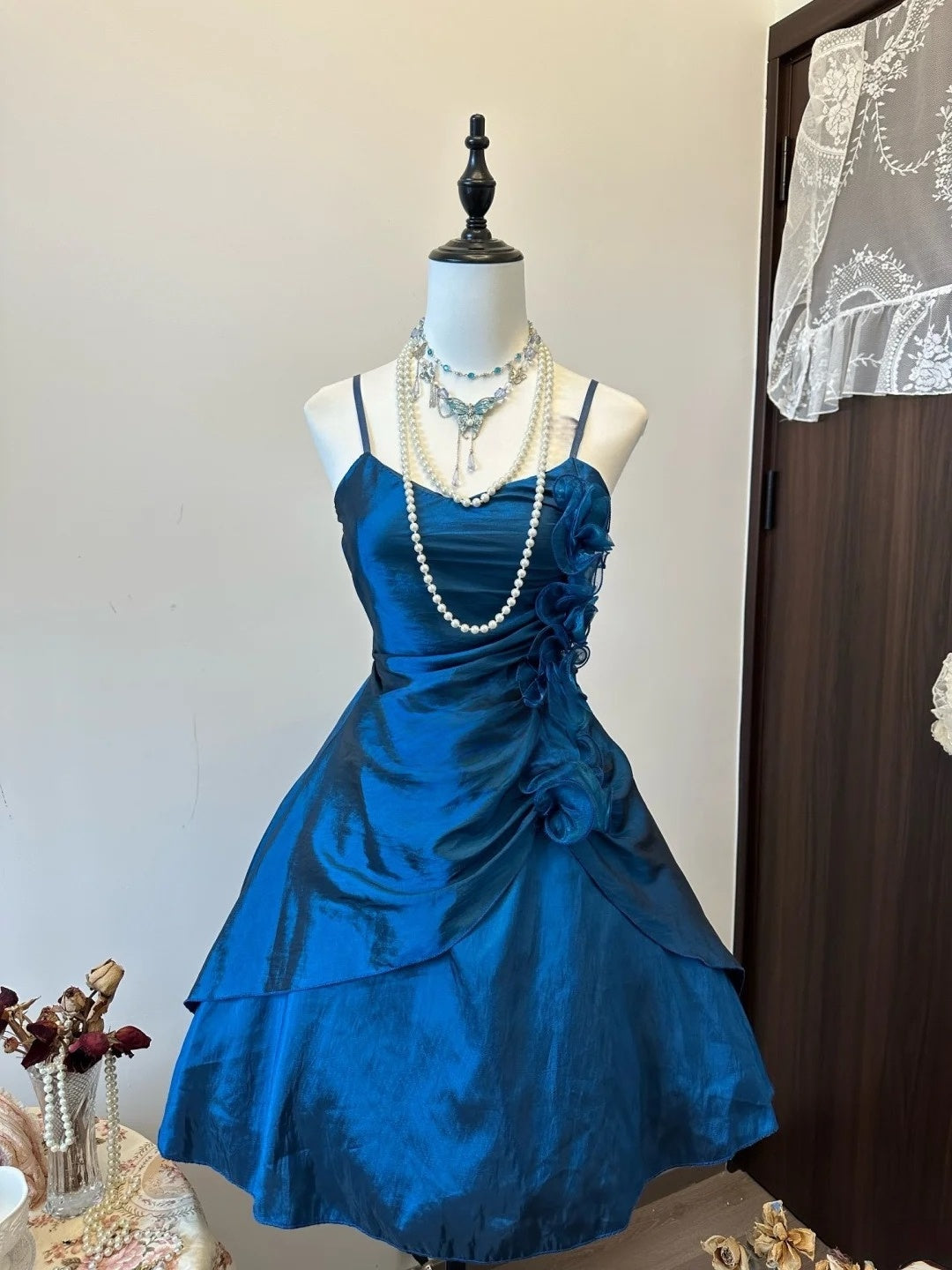 Spaghetti Strap Navy Blue Taffeta A Line Homecoming Dress J10324